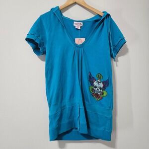 Y2K Oliver by Escio Junior XL Blue Rhinestone Skull Graphic Short‎ Sleeve Hoodie